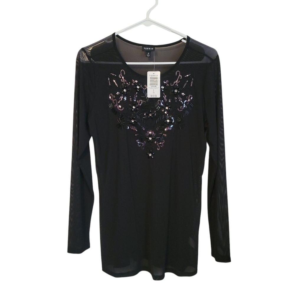 NWT Torrid Black Sheer Mesh Sequin Embellished Top Gothic Glam Party Blouse LG